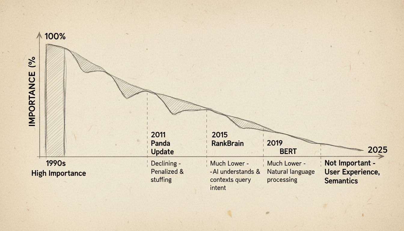 Linha do tempo mostrando o declínio da importância da densidade de palavras-chave dos anos 1990 a 2025, com grandes atualizações de algoritmo marcadas: Panda 2011, Hummingbird 2013, RankBrain 2015 e BERT 2019