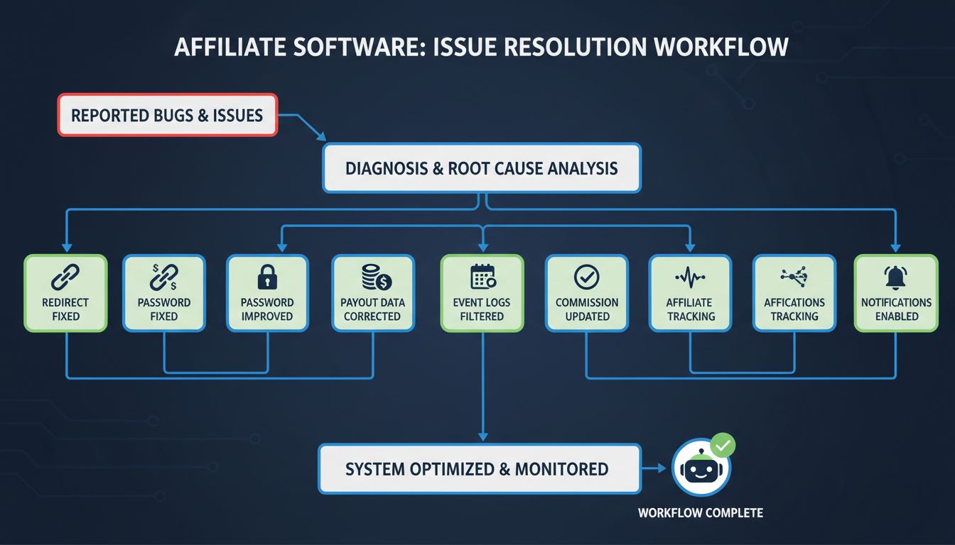 Diagrama técnico mostrando o fluxo de correção de bugs e resolução de problemas no software de afiliados Post Affiliate Pro, com ícones para links de redirecionamento, segurança de senha, dados de pagamento, logs de eventos, status de comissão, rastreamento de atividade de afiliados e notificações de pagamento