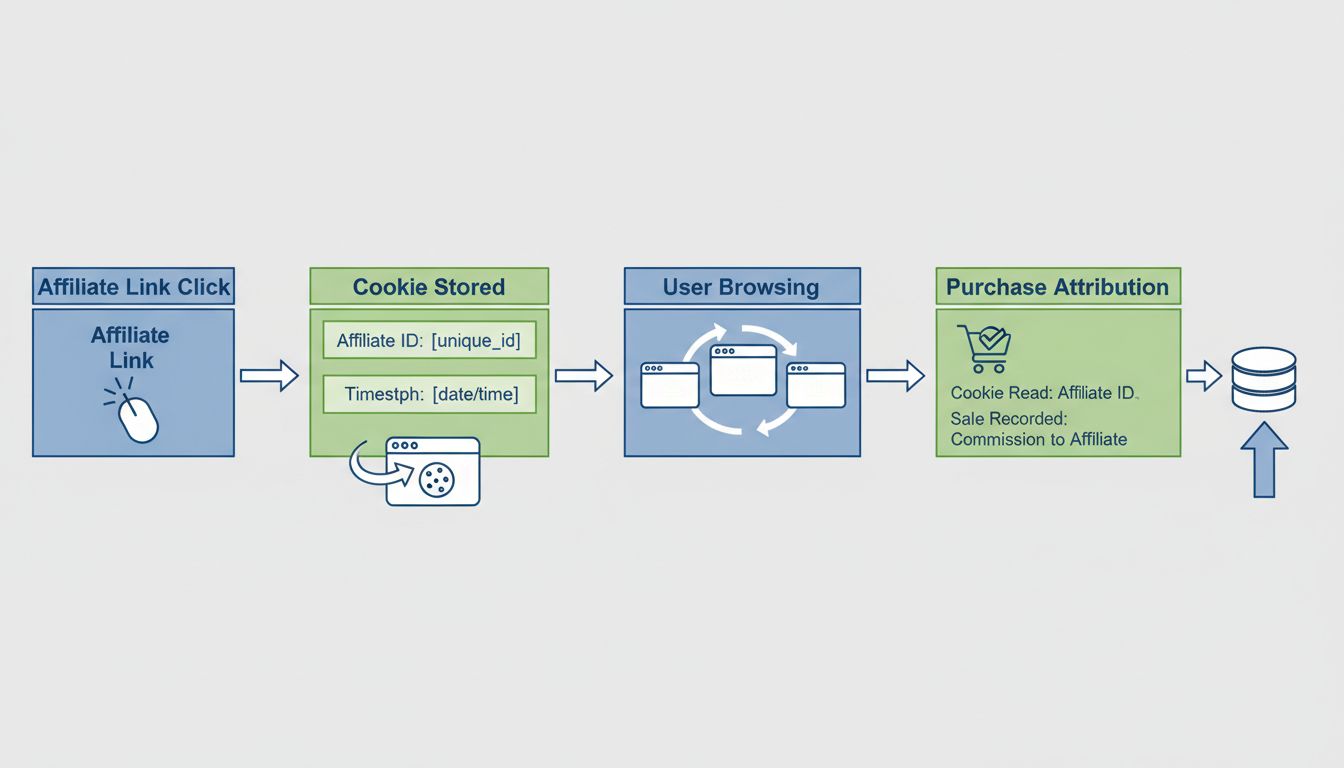 Diagrama do fluxo de rastreamento por cookie mostrando clique no link de afiliado, armazenamento do cookie, navegação do usuário e processo de atribuição da compra
