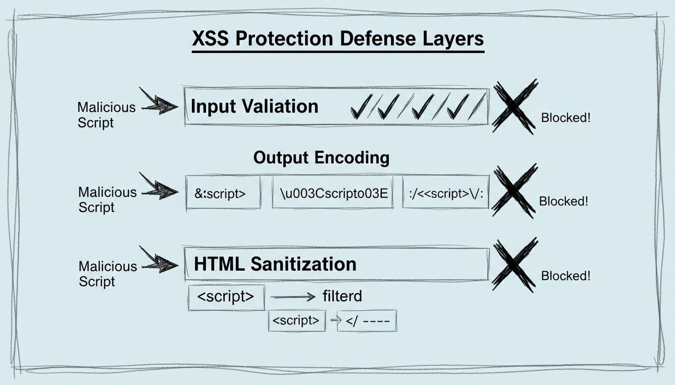 Diagrama das Camadas de Defesa de Proteção XSS mostrando validação de entrada, codificação de saída e sanitização HTML