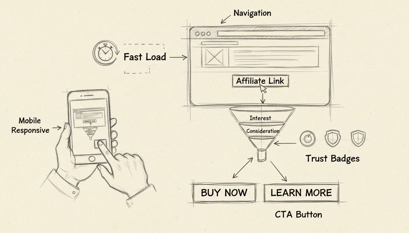 Elementos de design UX para marketing de afiliados incluindo navegação, responsividade mobile, carregamento rápido, selos de confiança e otimização de conversão