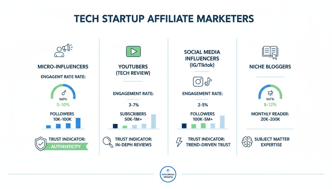 Infográfico mostrando diferentes tipos de afiliados para startups de tecnologia, incluindo microinfluenciadores, YouTubers, influenciadores de redes sociais e blogueiros de nicho, com taxas de engajamento e número de seguidores