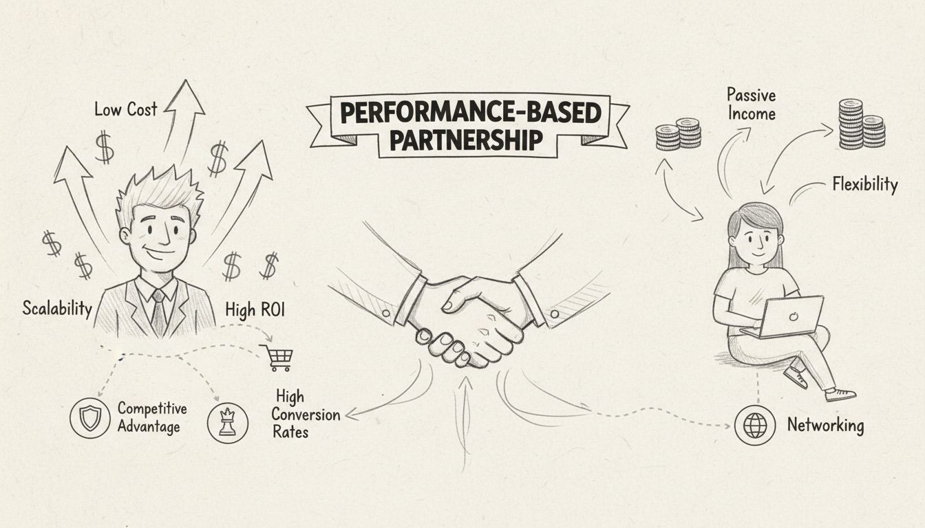 Diagrama desenhado à mão mostrando os benefícios do programa de afiliados, incluindo baixo custo, alto ROI, escalabilidade, renda passiva, flexibilidade, networking e parceria baseada em desempenho