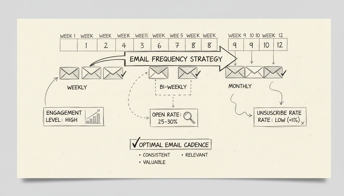 Diagrama de estratégia de frequência de e-mails mostrando cadências semanais, quinzenais e mensais com métricas de engajamento
