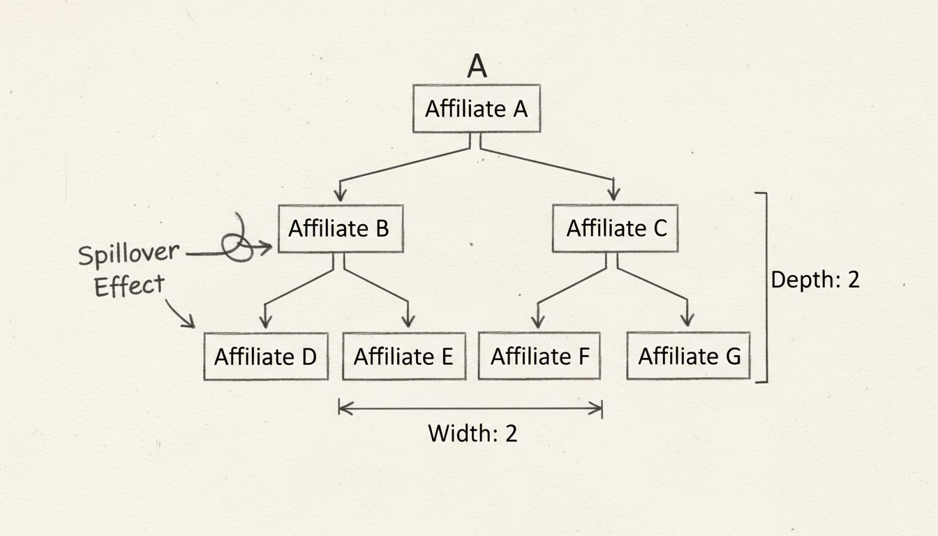 Diagrama desenhado à mão da estrutura de afiliados em matriz forçada mostrando o efeito de spillover com parâmetros de largura e profundidade