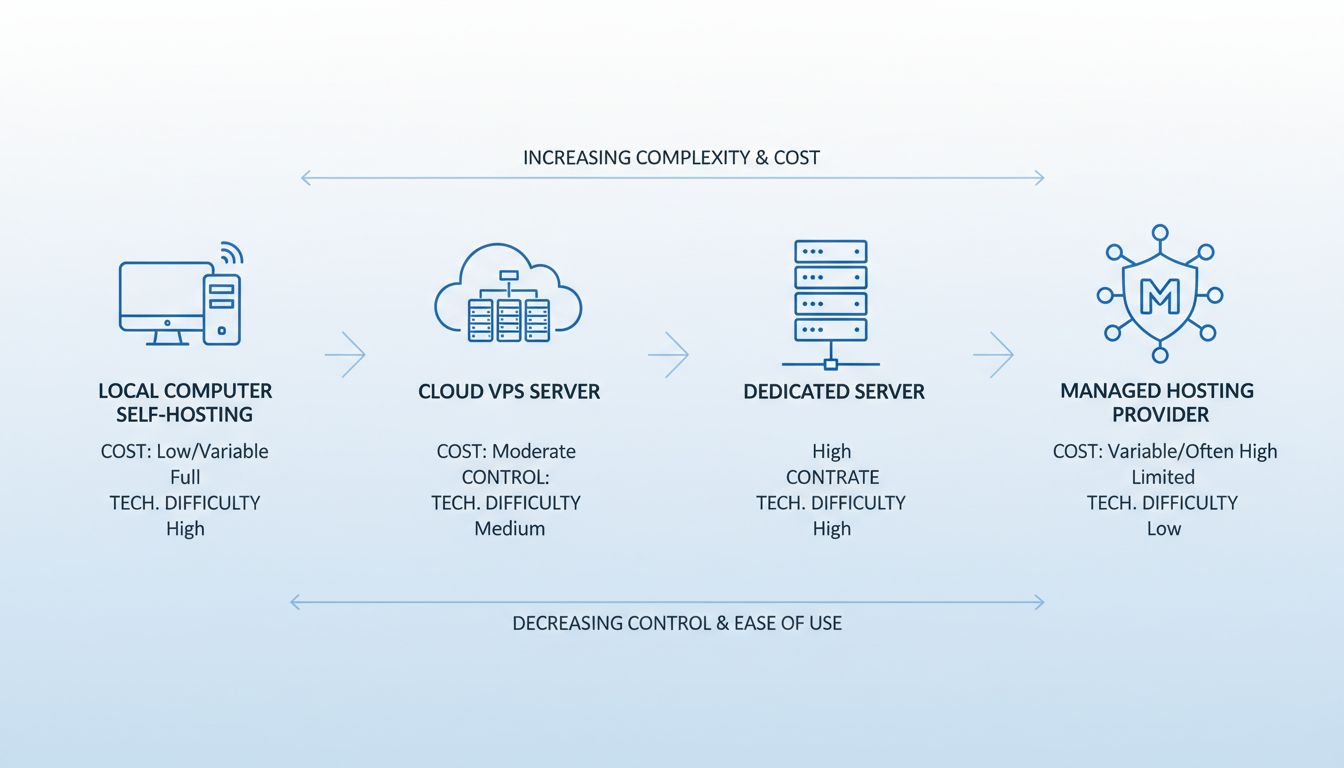 Diagrama de comparação de opções de hospedagem mostrando computador local, VPS em nuvem, servidor dedicado e hospedagem gerenciada