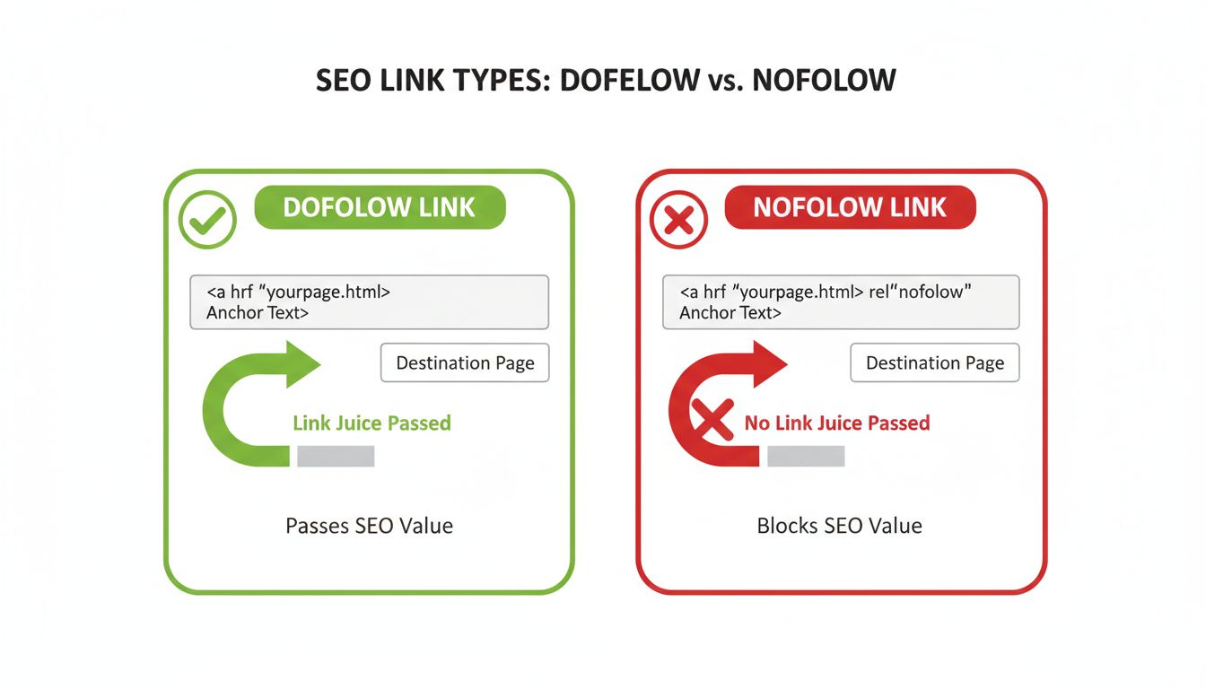 Diagrama técnico comparando links dofollow e nofollow mostrando fluxo de link juice e exemplos de código HTML