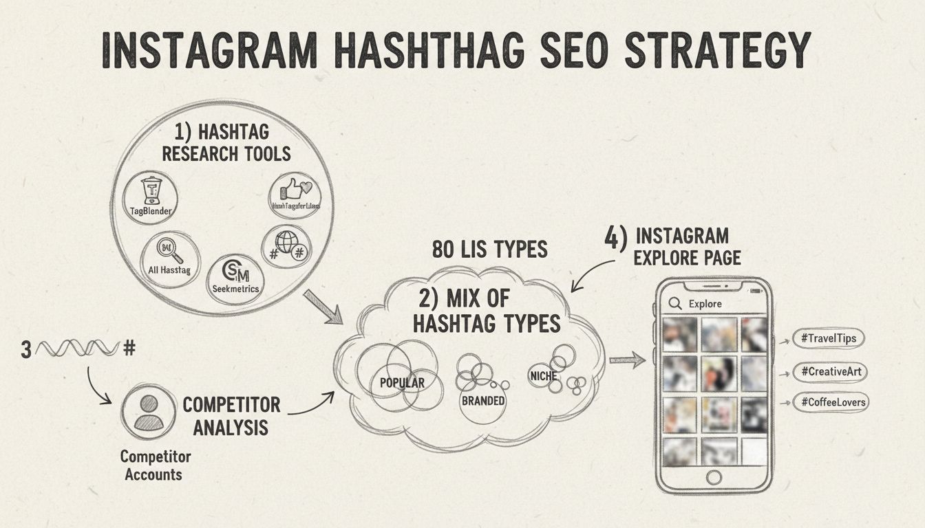 Infográfico da estratégia de pesquisa de hashtags no Instagram mostrando ferramentas, tipos e análise da concorrência