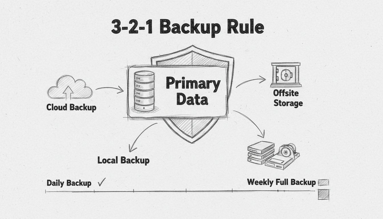 Diagrama desenhado à mão mostrando a regra 3-2-1 de backup com dados primários, backup em nuvem, armazenamento offsite e locais de backup local
