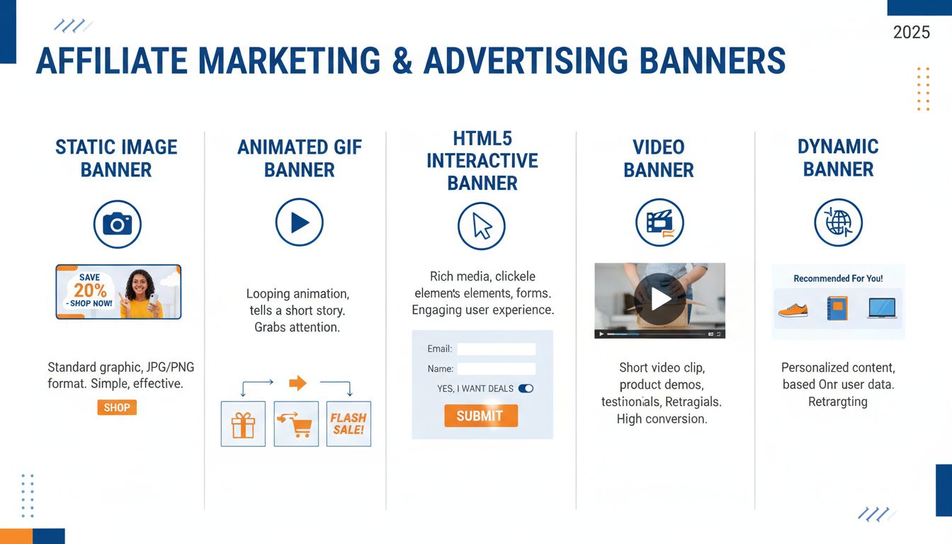 Diferentes tipos de banners para marketing de afiliados incluindo estáticos, GIF animado, HTML5, vídeo e banners dinâmicos