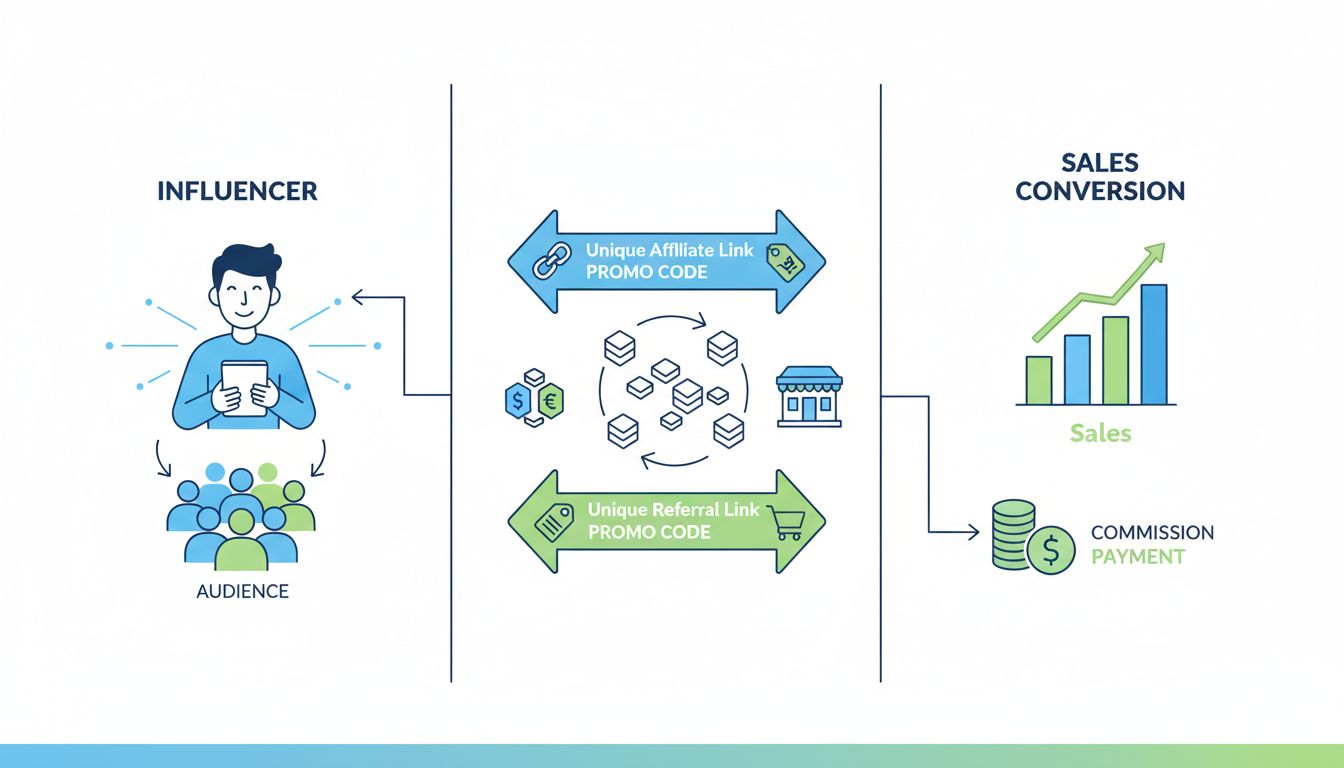 Diagrama do fluxo de parceria de marketing de afiliados com influenciador mostrando links exclusivos, engajamento do público e estrutura de comissão