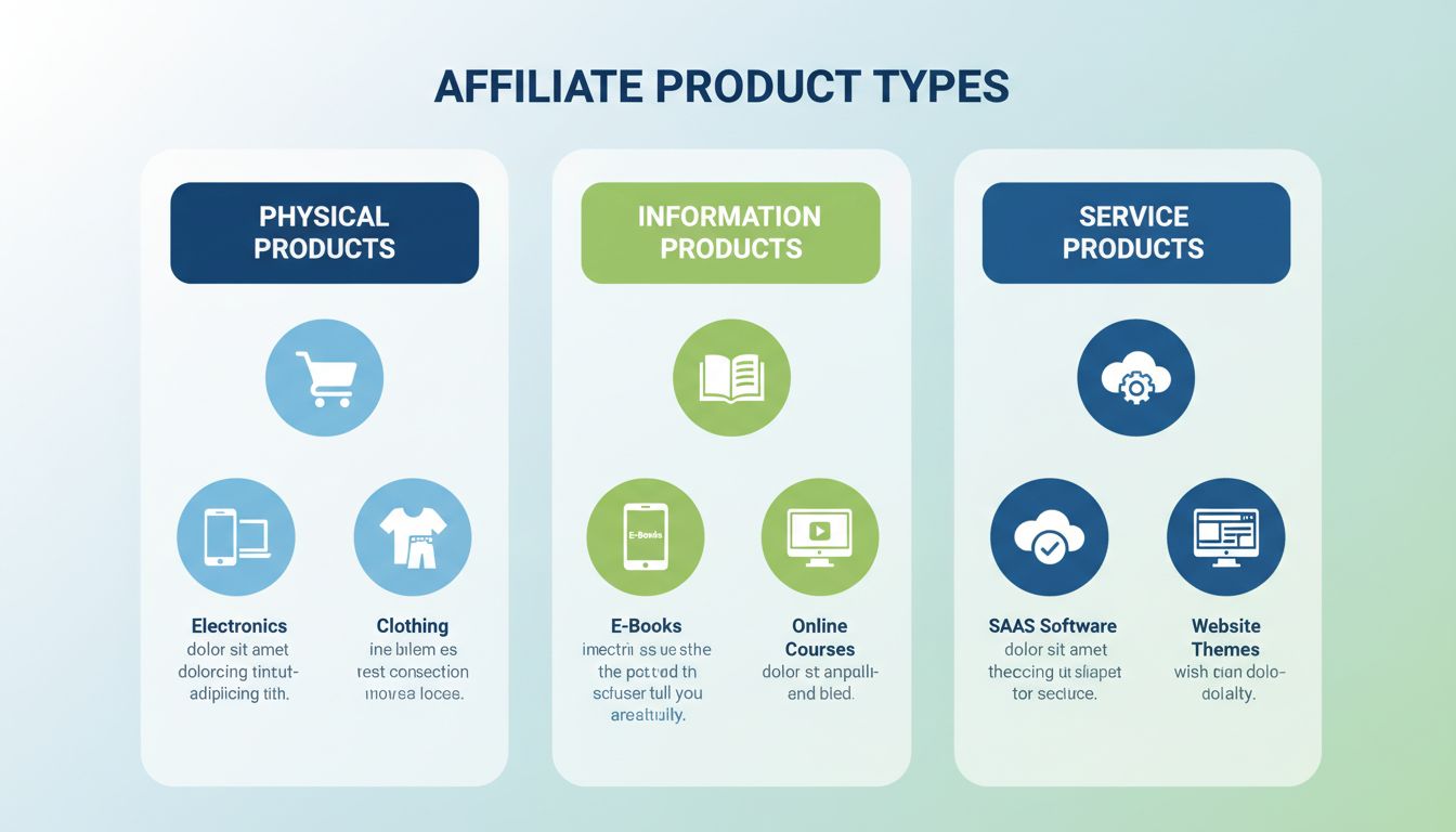 Infográfico mostrando diferentes tipos de produtos de afiliados incluindo produtos físicos, produtos de informação e produtos de serviço com ícones e categorias