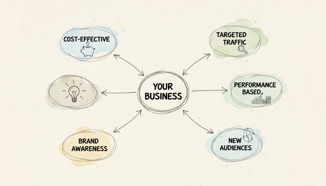Diagrama de benefícios do marketing de afiliados mostrando o hub do negócio conectado a vários parceiros afiliados, com tráfego qualificado, reconhecimento de marca e vantagens de custo-benefício e desempenho