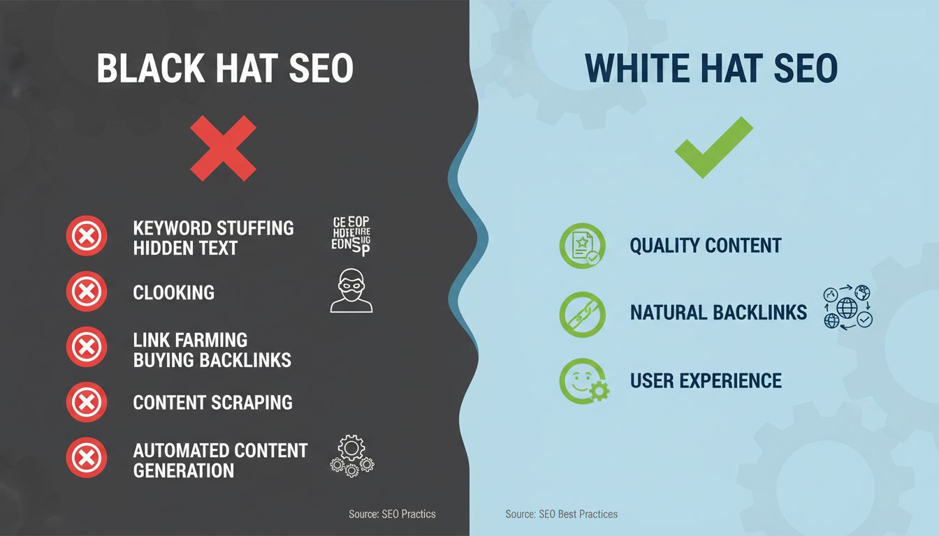 Infográfico de Comparação: Técnicas de Black Hat SEO vs White Hat SEO