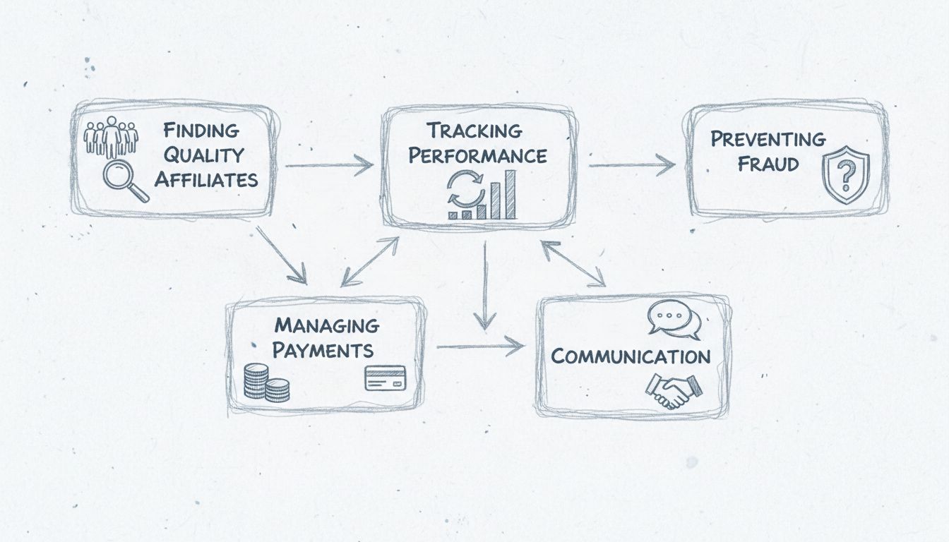 Diagrama dos desafios do marketing de afiliados mostrando encontrar afiliados de qualidade, rastrear desempenho, prevenir fraudes, gerenciar pagamentos e comunicação