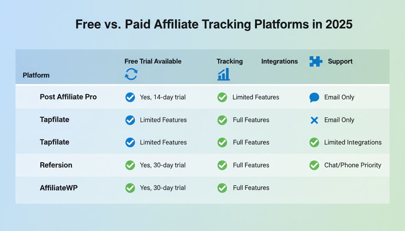 Tabela comparativa de plataformas de rastreamento de afiliados com teste gratuito mostrando recursos e períodos de teste