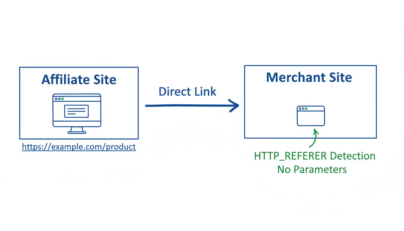 Diagrama do fluxo de trabalho do DirectLink Tracking mostrando site afiliado linkando para o site do comerciante com detecção de HTTP_REFERER