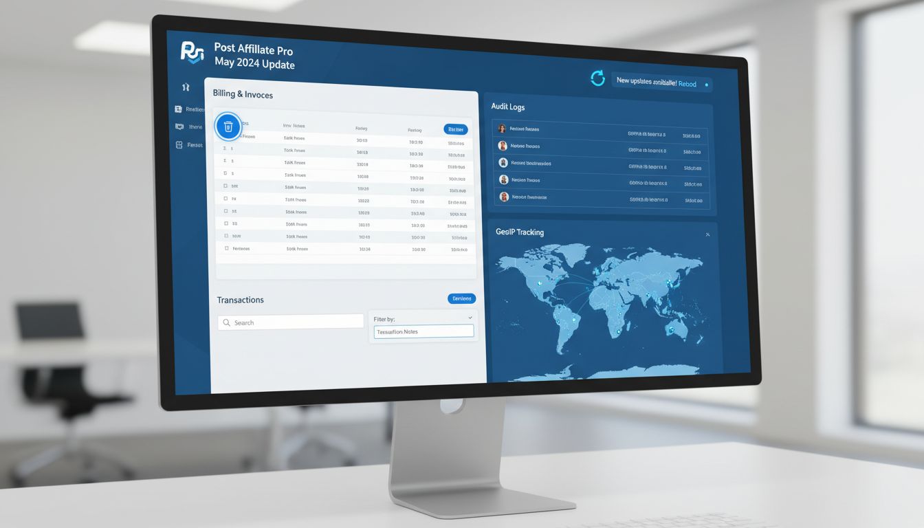 Painel do Post Affiliate Pro mostrando notificação de recarregamento, logs de auditoria, rastreamento GeoIP e recursos de filtragem de transações
