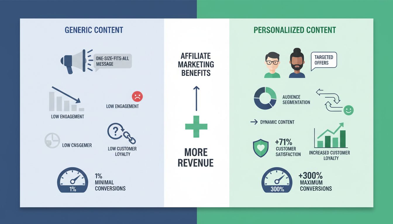 Comparativo dos benefícios da personalização de conteúdo mostrando marketing genérico vs personalizado com métricas de conversão