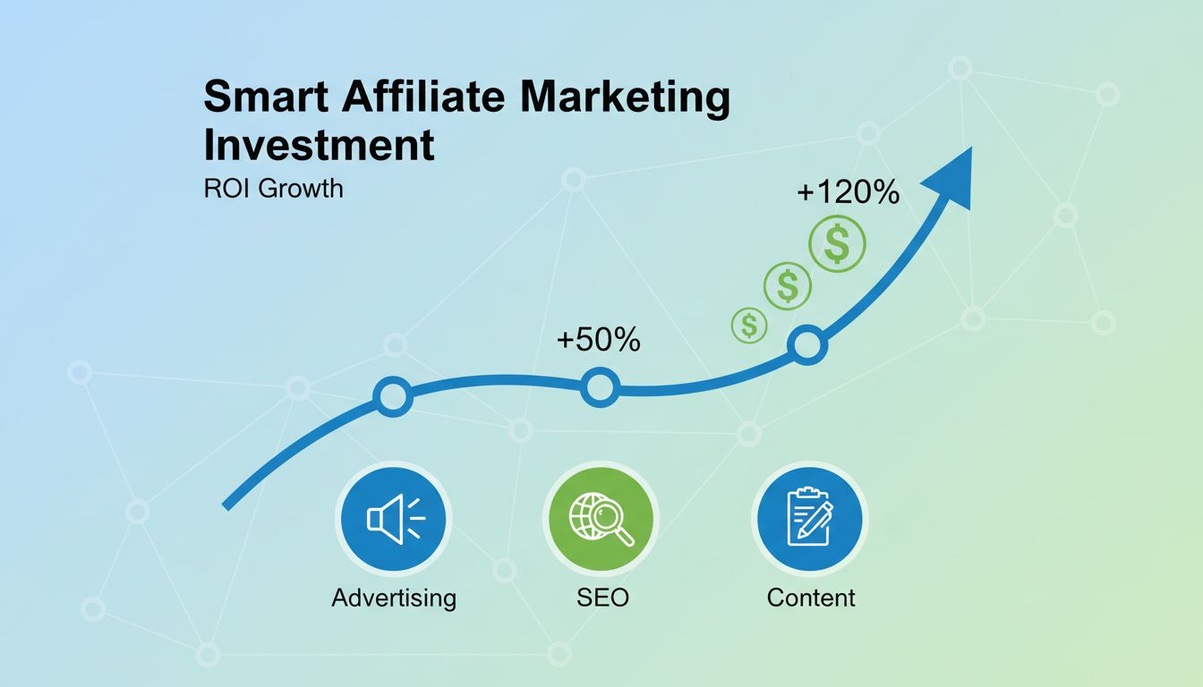 Gráfico de crescimento do ROI em investimento em marketing de afiliados mostrando retornos de publicidade, SEO e marketing de conteúdo