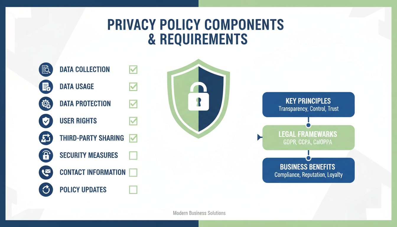 Infográfico dos Componentes da Política de Privacidade mostrando coleta, uso, proteção, direitos do usuário, compartilhamento com terceiros, medidas de segurança, informações de contato e atualizações da política