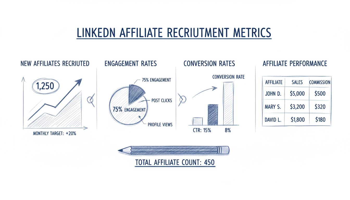 Painel de métricas de recrutamento de afiliados do LinkedIn mostrando novos afiliados recrutados, taxas de engajamento, taxas de conversão e indicadores de performance dos afiliados