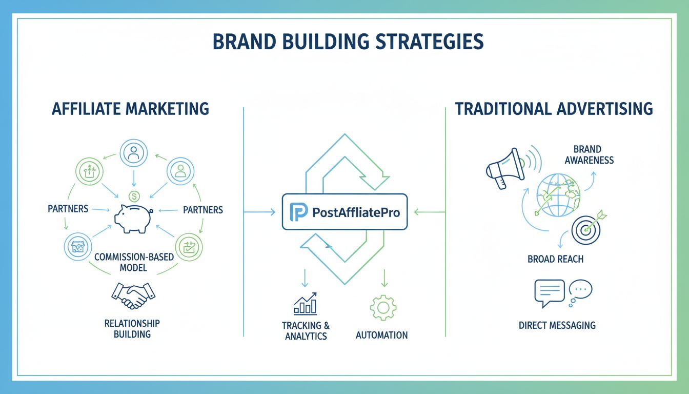 Diagrama comparativo de marketing de afiliados vs publicidade para construção de marca mostrando parcerias em rede, modelos de comissão e estratégias de conscientização de marca