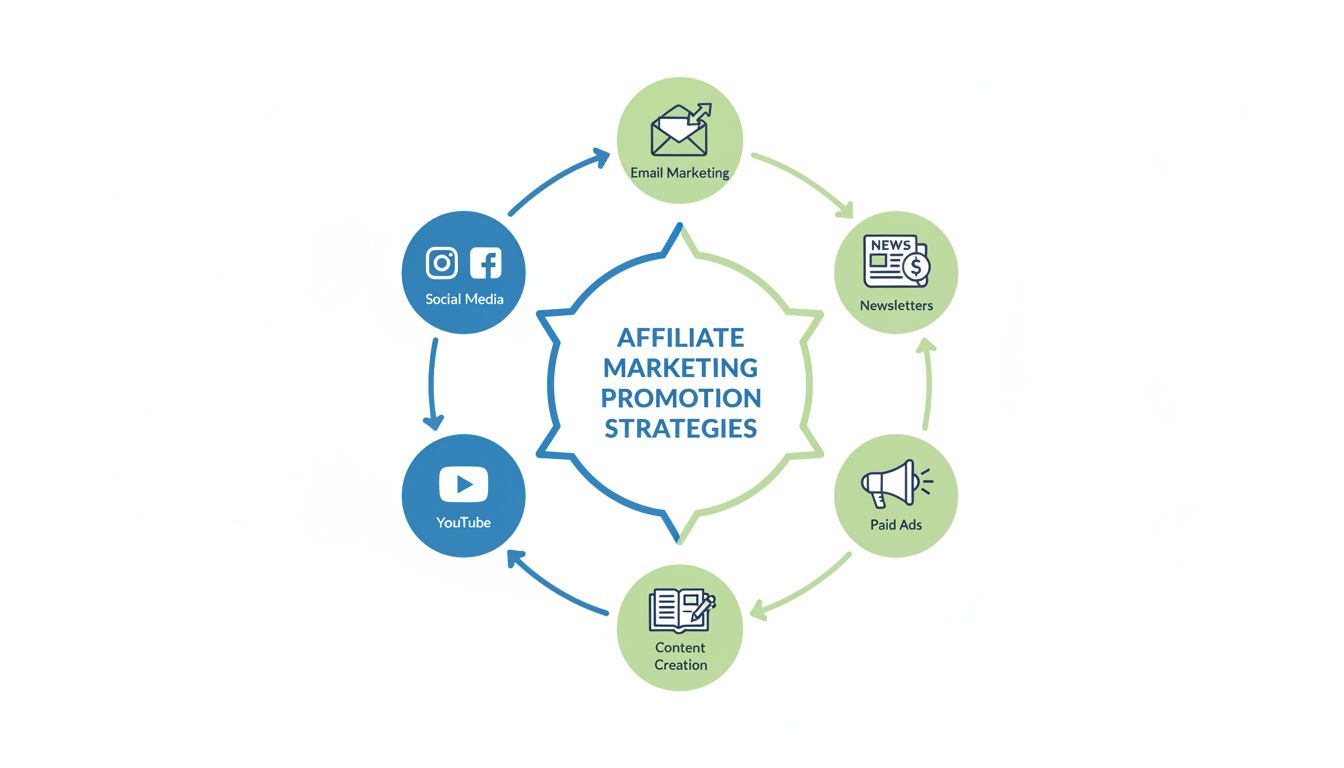 Canais de promoção de marketing de afiliados incluindo redes sociais, email marketing, criação de conteúdo, YouTube, anúncios pagos e newsletters