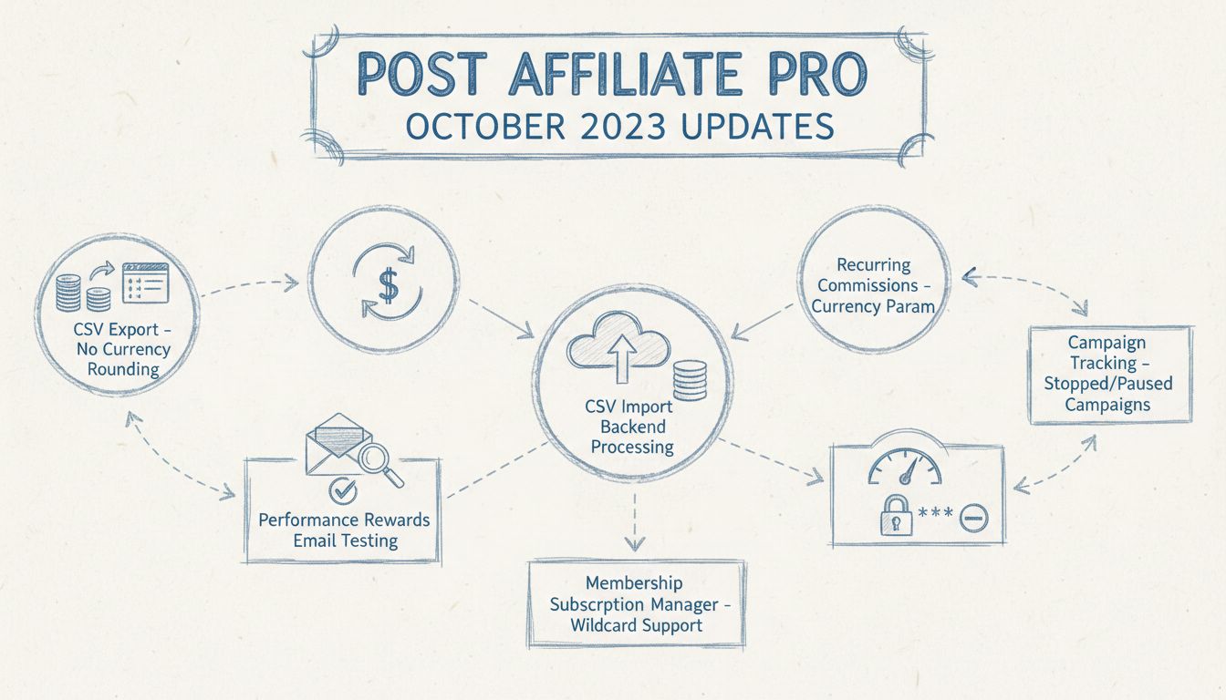 Diagrama das atualizações de outubro de 2023 do Post Affiliate Pro mostrando exportação CSV, Performance Rewards, comissões recorrentes, imagens de perfil e recursos de rastreamento de campanhas