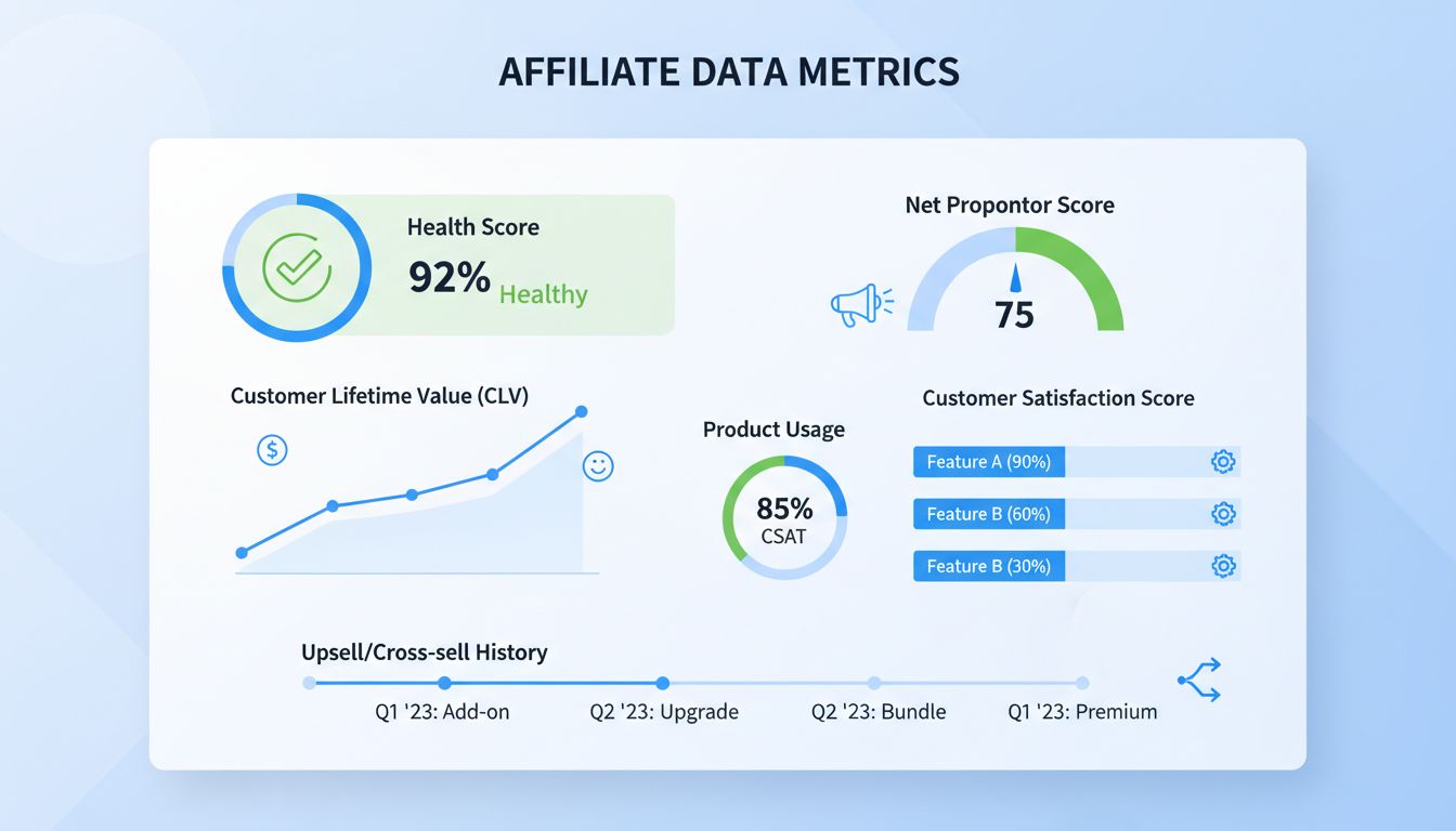 Painel de métricas de dados de clientes para campanhas de afiliados mostrando Health Score, CLV, NPS, CSAT, uso do produto e histórico de upsell