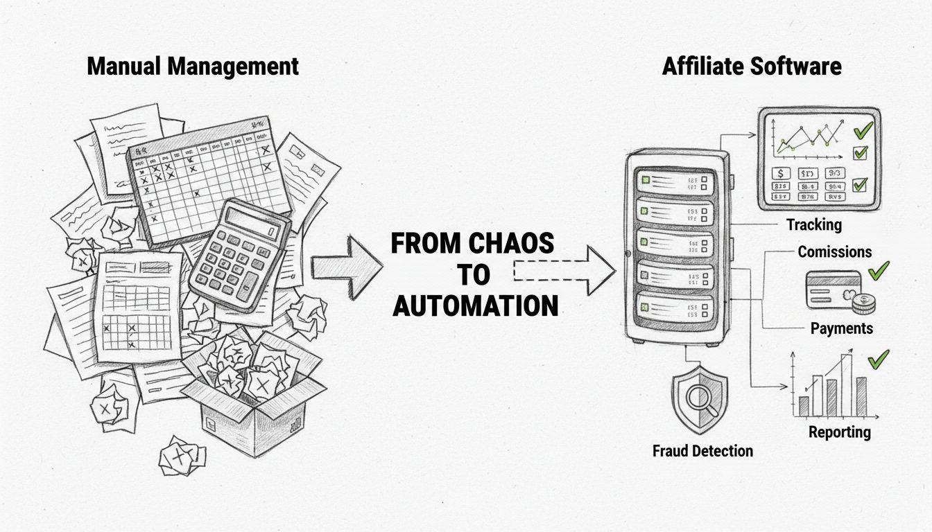 Diagrama comparativo mostrando gestão manual de afiliados com planilhas e erros versus software automatizado de afiliados com rastreamento, comissões, detecção de fraudes e pagamentos