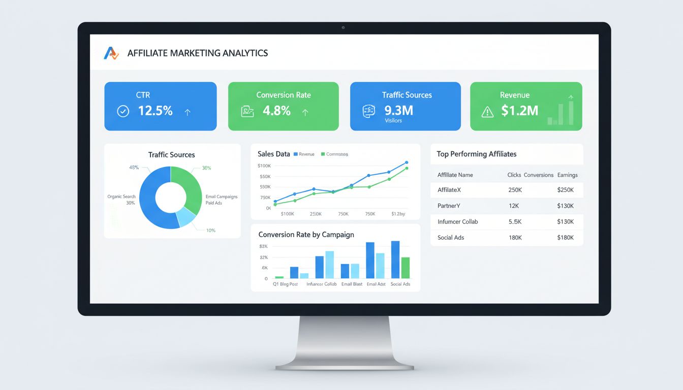 Painel de análises de marketing de afiliados mostrando taxas de conversão, CTR, fontes de tráfego e métricas de receita