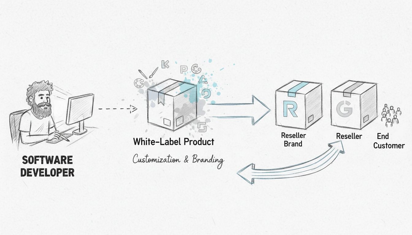 Diagrama do modelo de negócios de software white label mostrando desenvolvedor criando o produto, processo de customização e branding, e revendedor vendendo com sua própria marca