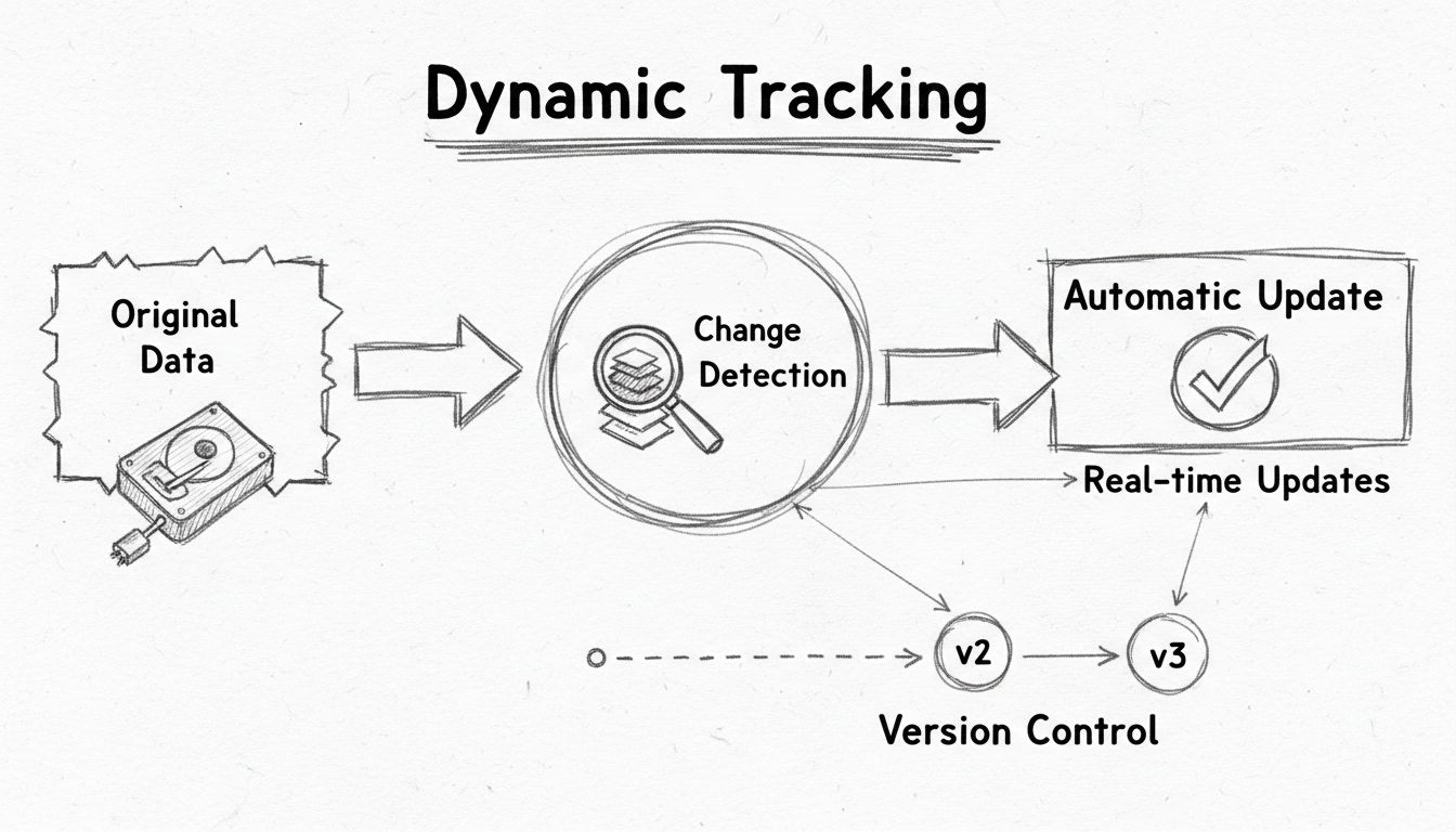 Diagrama do fluxo de trabalho do rastreamento dinâmico mostrando fonte de dados, detecção de alterações, atualizações automáticas e progressão do controle de versão
