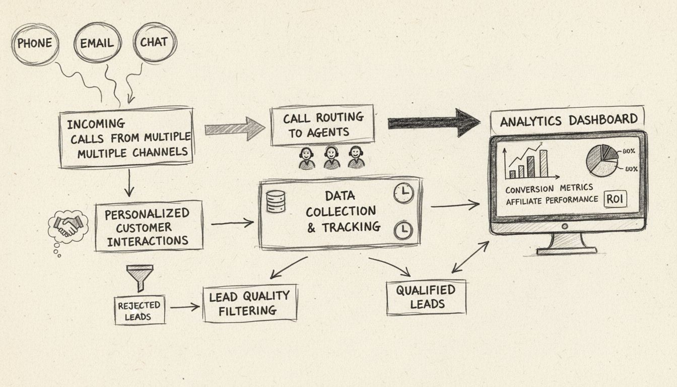 Diagrama de fluxo de trabalho de software de call center mostrando chamadas recebidas, roteamento, coleta de dados, análise e interações personalizadas