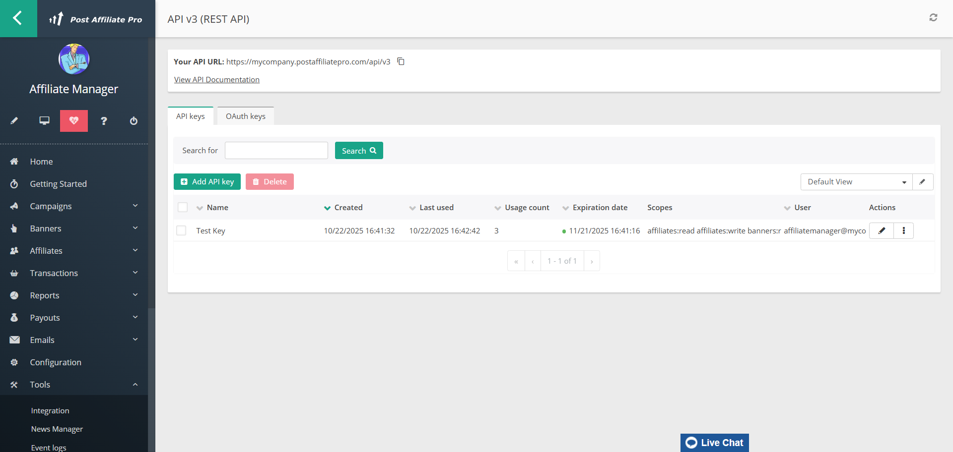 Tela da API v3 (REST API) do Post Affiliate Pro para gerar uma chave de API