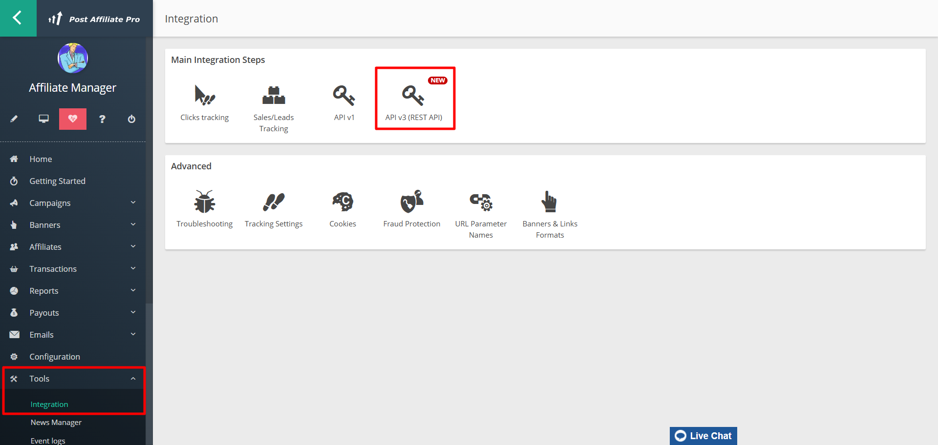 Painel do comerciante Post Affiliate Pro menu Configuration > Tools > Integration