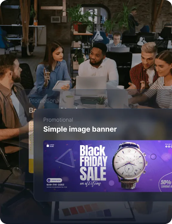 Uma sobreposição de materiais promocionais mostrando um banner de imagem personalizado para uma promoção de Black Friday.