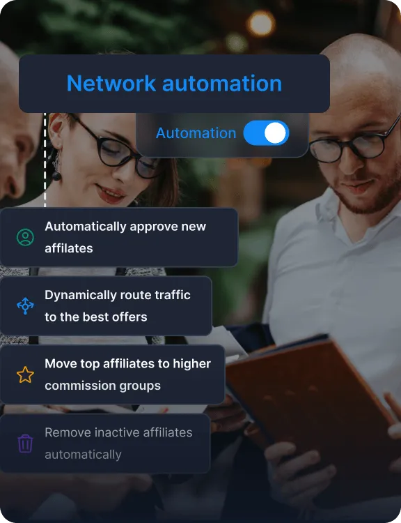 Uma sobreposição de tecnologias e plataformas de software mostrando opções de automação para tarefas de marketing, bônus e relatórios de afiliados.