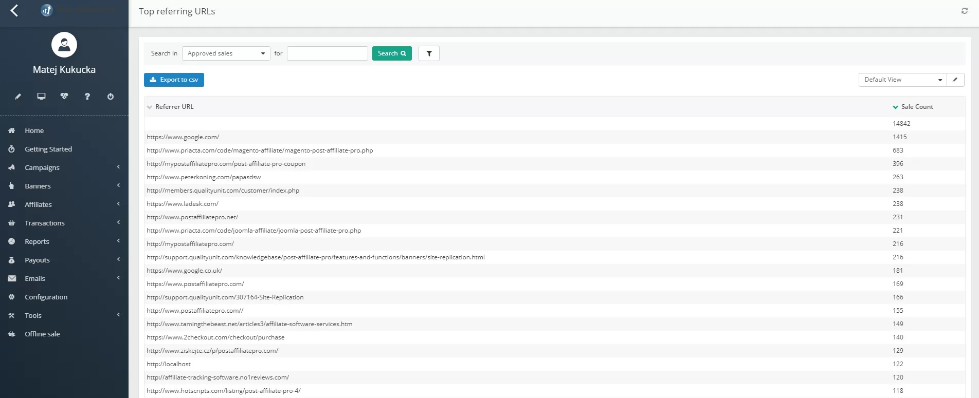 Captura de tela do relatório das principais URLs no Post Affiliate Pro