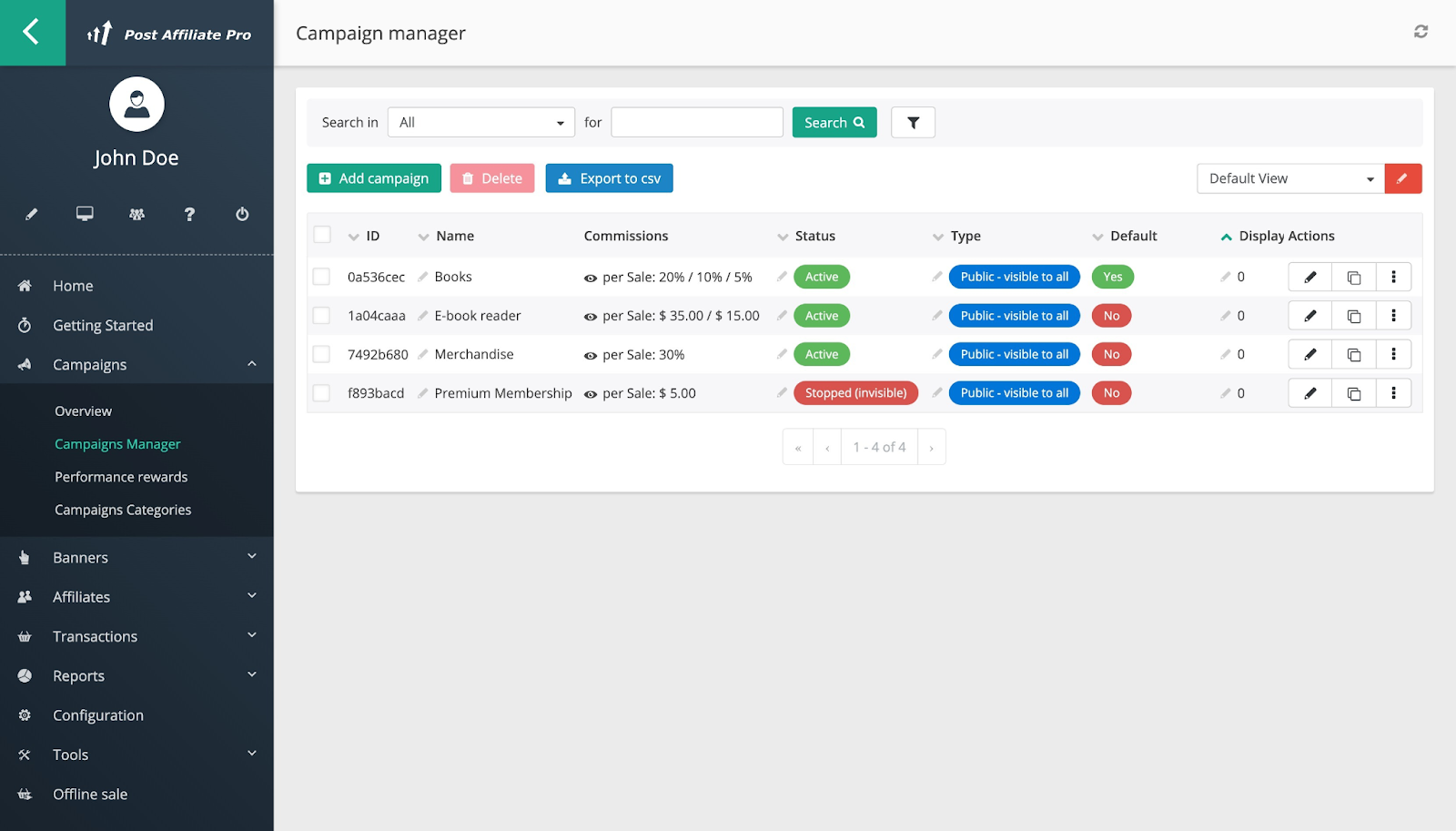 O Post Affiliate Pro também permite rastrear e gerenciar campanhas facilmente com o recurso Campaign manager