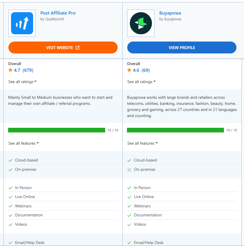 Comparação de recursos entre Post Affiliate Pro e Buyapowa.