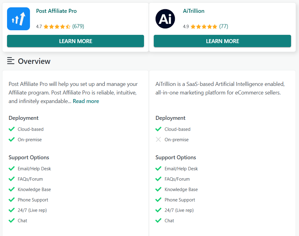 Post Affiliate Pro vs AiTrillion comparação de recursos no GetApp