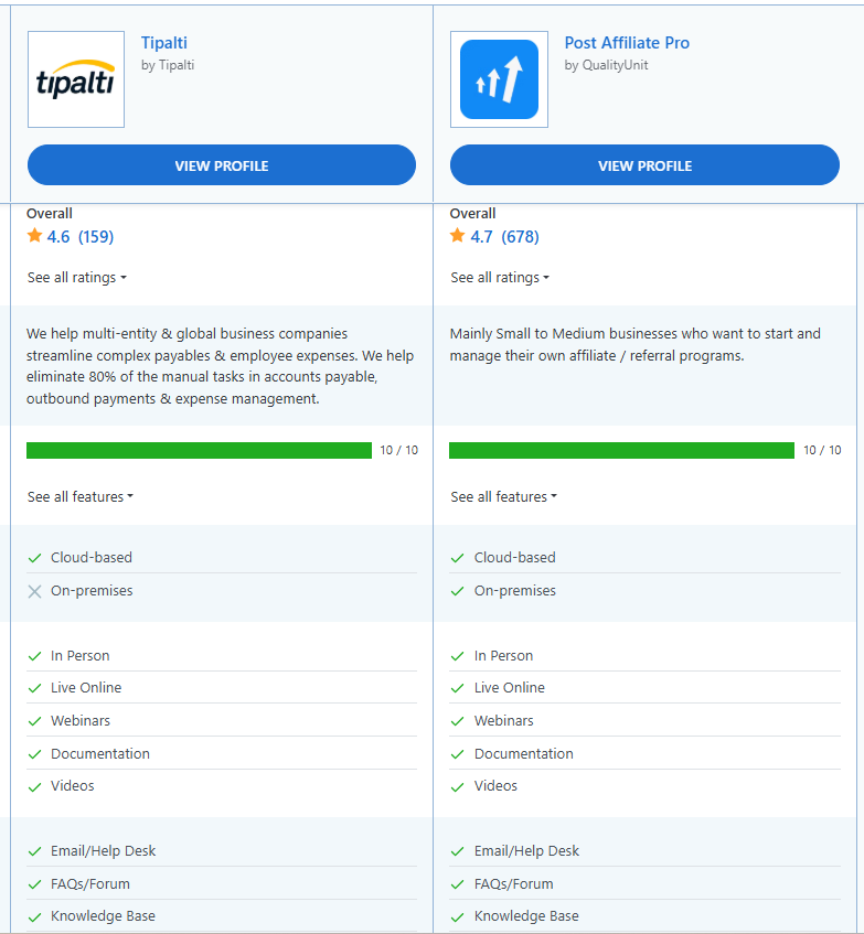 Post Affiliate Pro vs Tipalti comparação de recursos.