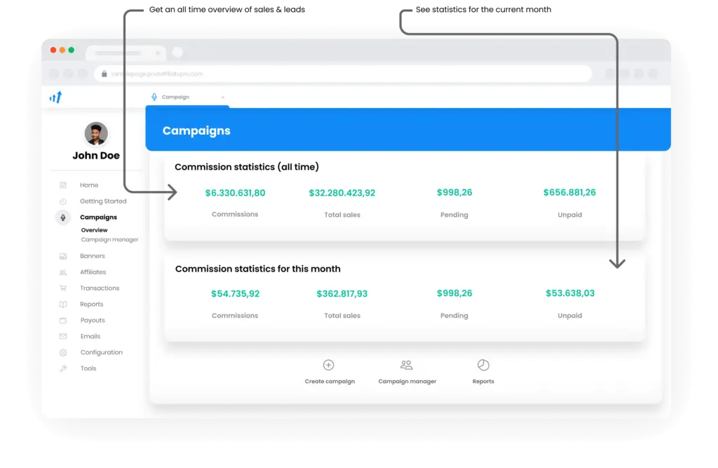 Uma imagem ilustrando a visão geral das campanhas no Post Affiliate Pro.