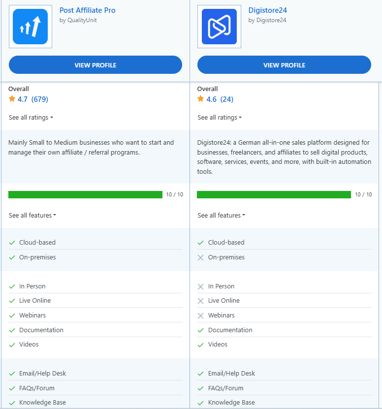 Comparação de recursos entre Post Affiliate Pro e Digistore24.