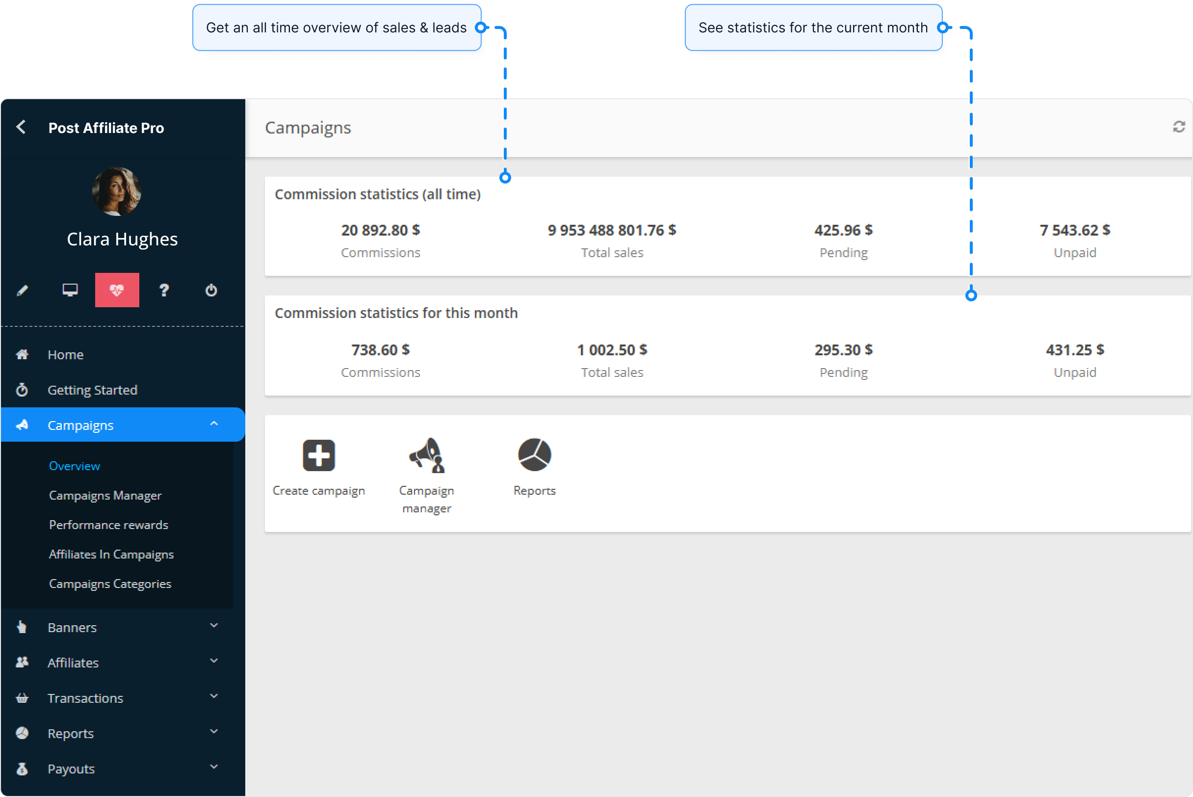 Visão geral das comissões no Post Affiliate Pro.