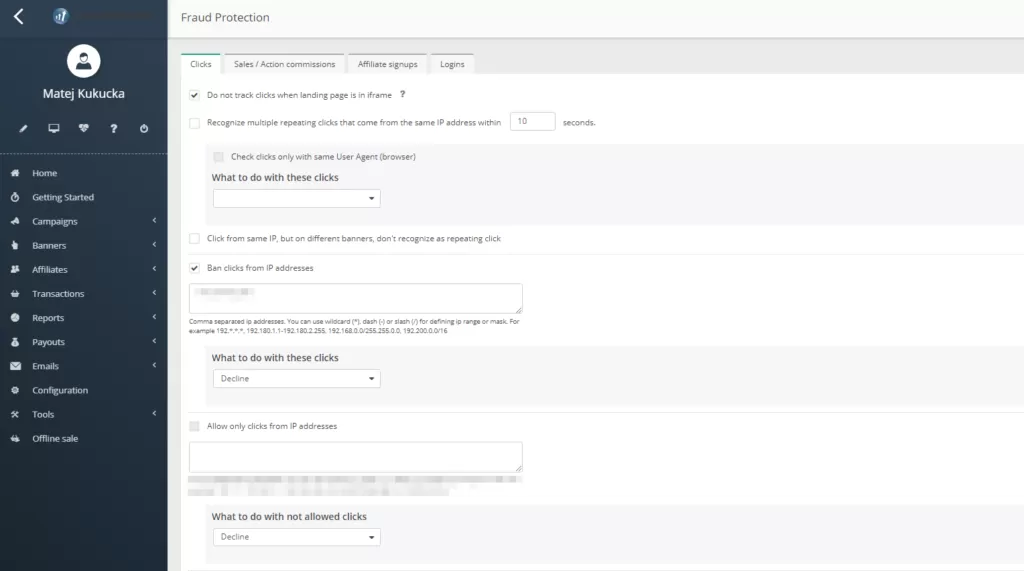 Captura de tela do painel de configuração de proteção contra fraudes do Post Affiliate Pro.