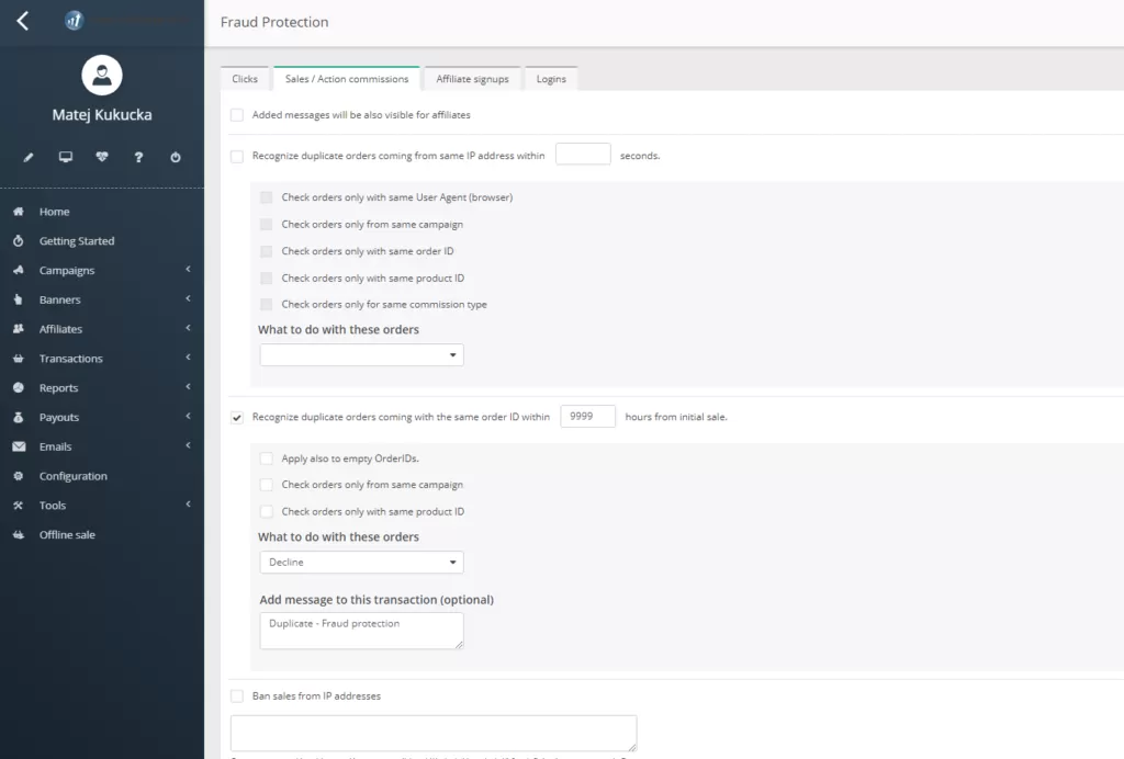 Captura de tela do painel de configuração de proteção contra fraudes de vendas do Post Affiliate Pro.