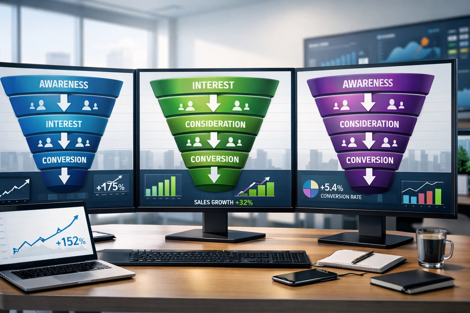 Visualização do funil de aquisição de clientes com dashboard de analytics
